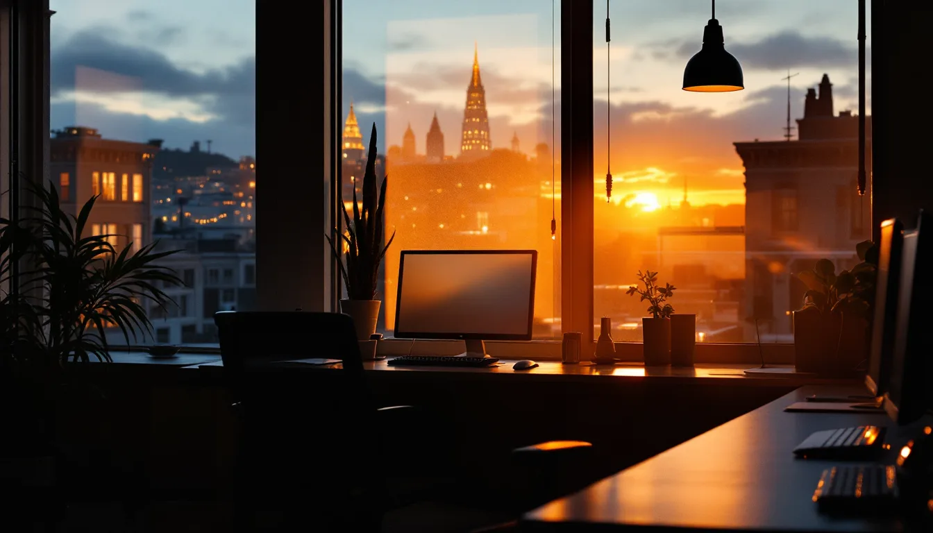 A quiet San Francisco office at dawn, monitors glowing